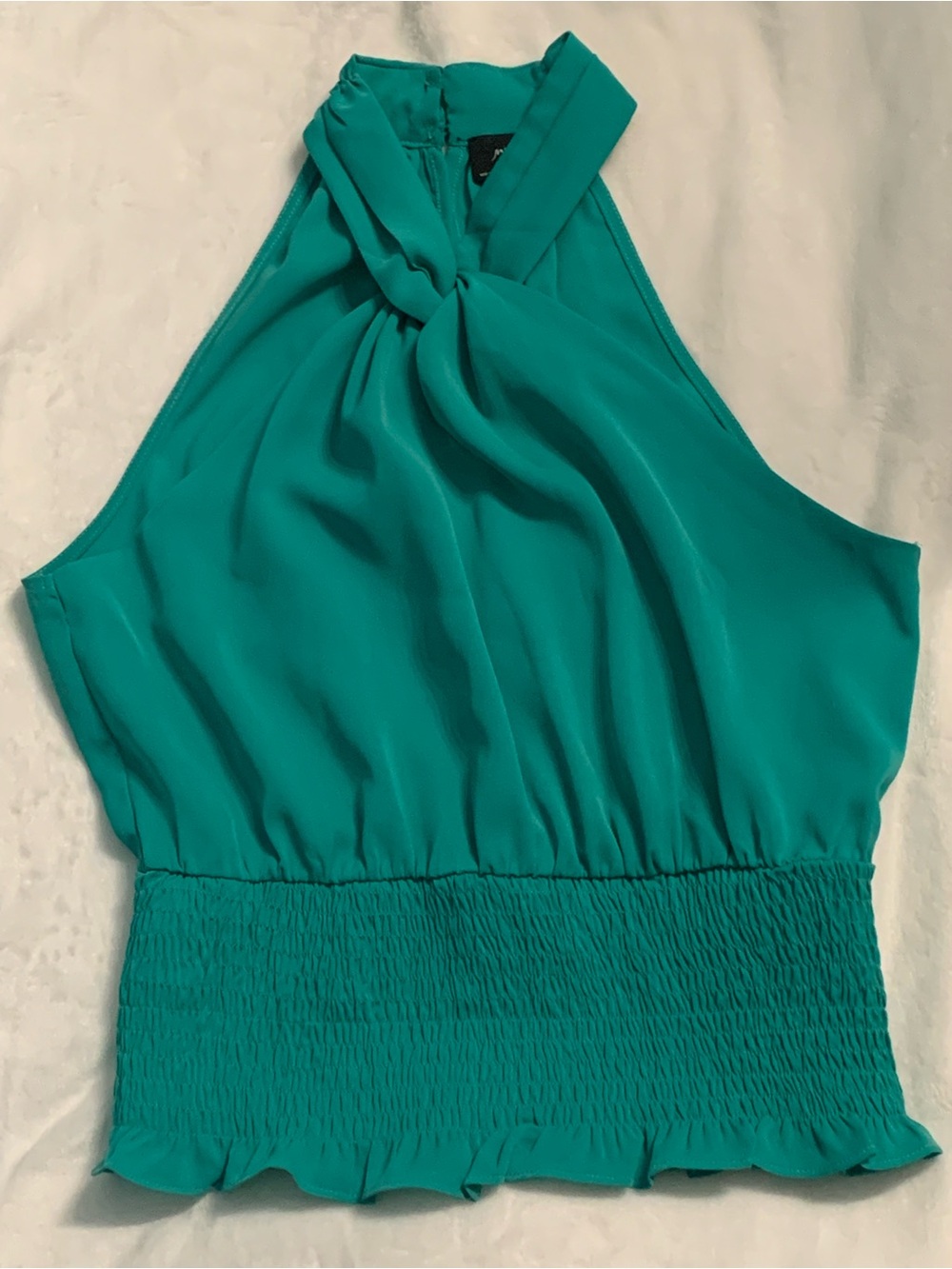 Twist Halter Neck Smocked Waist Crop Top— Teal